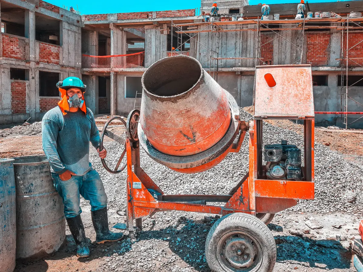 Commercial building construction site with structural works underway